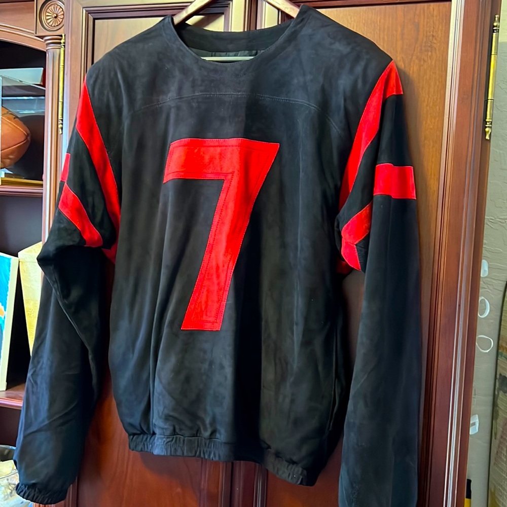 ROGER EDWARDS Vintage Custom Black Suede Leather & Red #7 Sports Pullover Jersey
